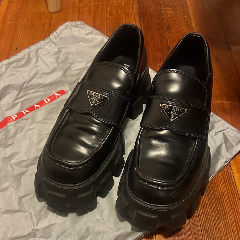 Prada Men's Chunky Black Leather Loafers